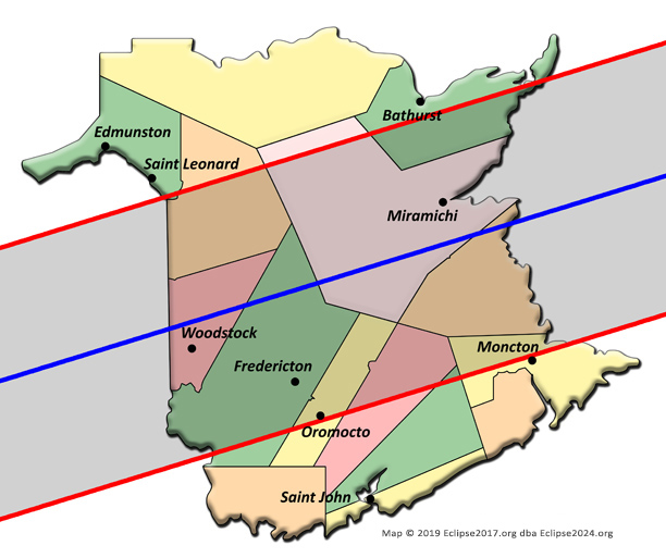 La trajectoire de totalité de l'éclipse 2024 à travers le Nouveau-Brunswick