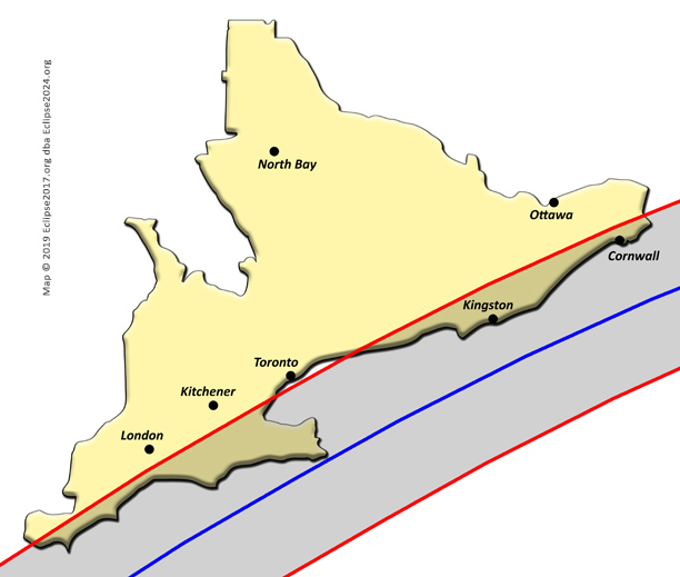 El trayecto de totalidad del eclipse de 2024 a través de Ontario