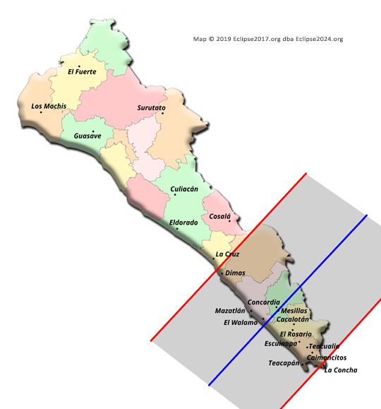 El trayecto de totalidad del eclipse de 2024 a través de Sinaloa