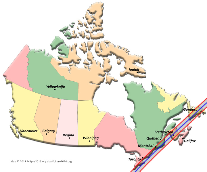 El trayecto de totalidad del eclipse de 2024 a través de Canadá