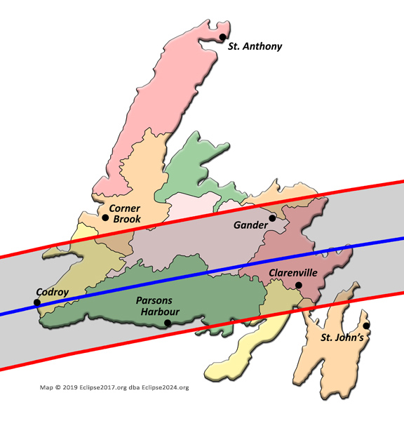 The 2024 total eclipse path through Newfoundland