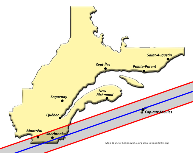 La trajectoire de totalité de l'éclipse 2024 à travers le Québec